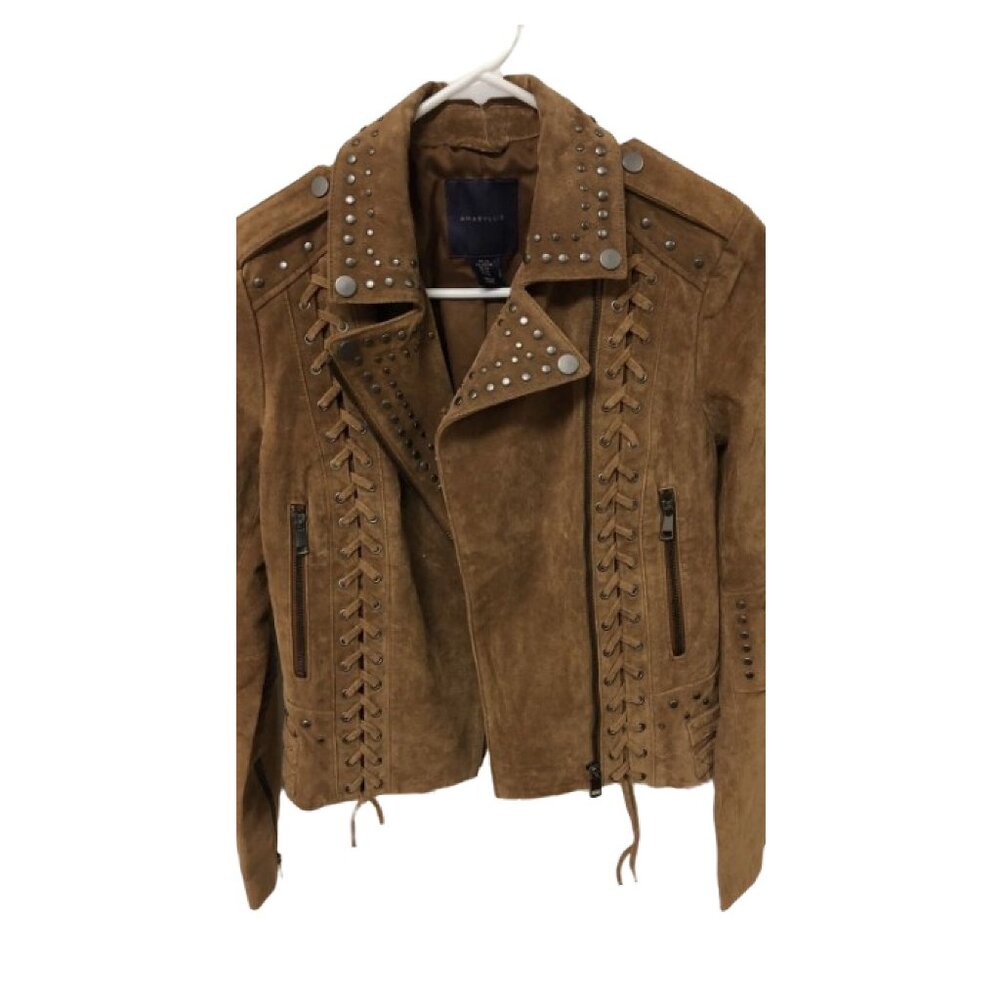 NWT AMARYLLIS Women's Suede Leather Studded Moto/Biker Jacket Brown sz XS